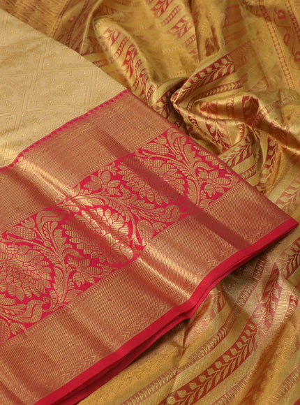 Pure kanchipuram tissue silk saree gold and red with allover zari woven brocade weaves and zari woven floral zari woven border