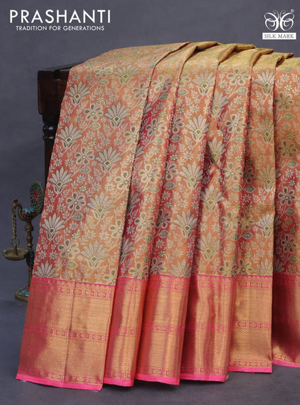 Pure kanchipuram tissue silk saree dual shade of gold and pink with allover zari woven brocade weaves and zari woven border