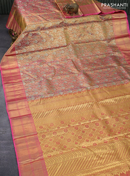 Pure kanchipuram tissue silk saree dual shade of gold and pink with allover zari woven brocade weaves and zari woven border