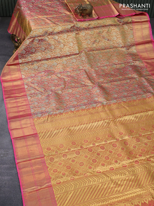 Pure kanchipuram tissue silk saree dual shade of gold and pink with allover zari woven brocade weaves and zari woven border