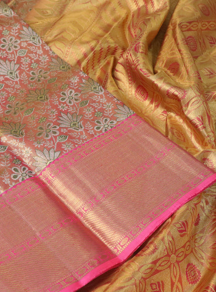 Pure kanchipuram tissue silk saree dual shade of gold and pink with allover zari woven brocade weaves and zari woven border