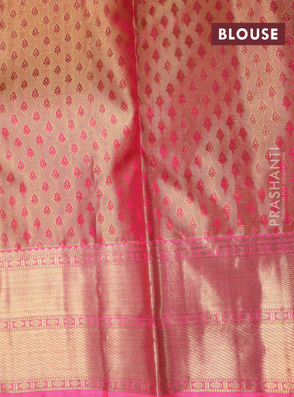 Pure kanchipuram tissue silk saree dual shade of gold and pink with allover zari woven brocade weaves and zari woven border