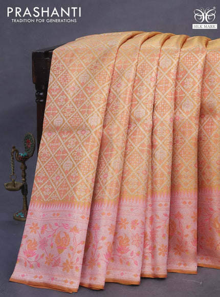 Pure kanchipuram tissue silk saree gold and mild peach pink with allover zari woven brocade weaves and rich temple design zari woven border