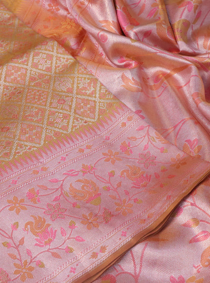 Pure kanchipuram tissue silk saree gold and mild peach pink with allover zari woven brocade weaves and rich temple design zari woven border