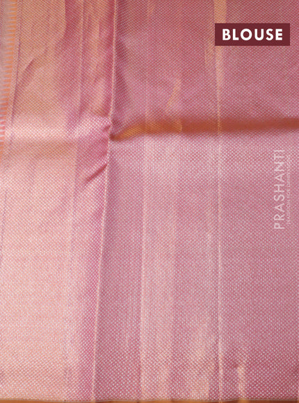 Pure kanchipuram tissue silk saree gold and mild peach pink with allover zari woven brocade weaves and rich temple design zari woven border