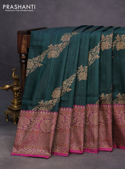 Banarasi dupion silk saree green and mangenta pink with allover thread & zari woven floral weaves and woven border