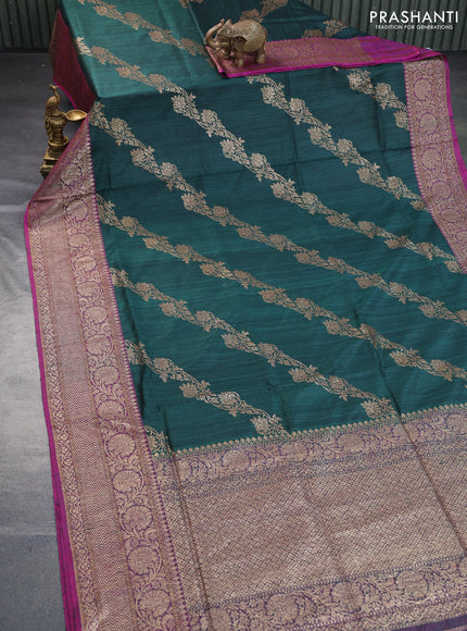 Banarasi dupion silk saree green and mangenta pink with allover thread & zari woven floral weaves and woven border