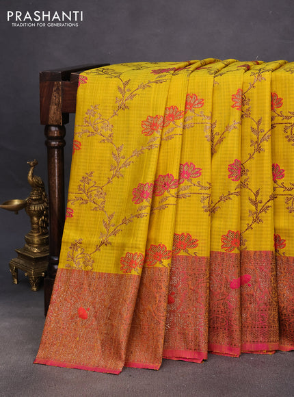 Banarasi dupion silk saree lime yellow and pink with thread & zari woven floral borcade weaves and woven border