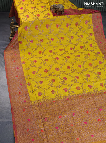 Banarasi dupion silk saree lime yellow and pink with thread & zari woven floral borcade weaves and woven border