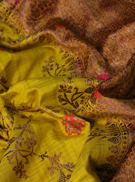 Banarasi dupion silk saree lime yellow and pink with thread & zari woven floral borcade weaves and woven border