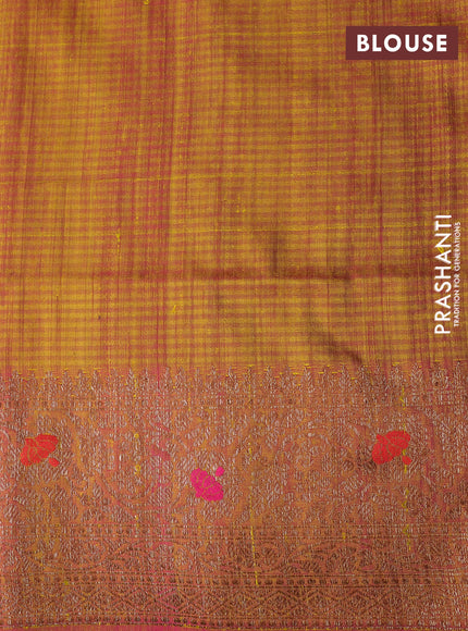 Banarasi dupion silk saree lime yellow and pink with thread & zari woven floral borcade weaves and woven border