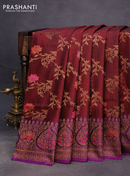 Banarasi dupion silk saree maroon and purple with thread & zari woven floral borcade weaves and woven border