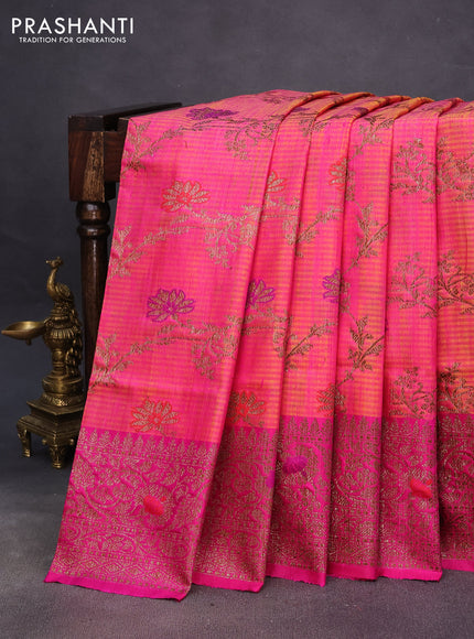 Banarasi dupion silk saree dual shade of pinkish yellow and pink with thread & zari woven floral borcade weaves and woven border