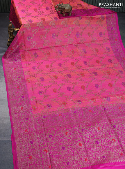 Banarasi dupion silk saree dual shade of pinkish yellow and pink with thread & zari woven floral borcade weaves and woven border