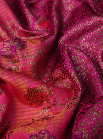 Banarasi dupion silk saree dual shade of pinkish yellow and pink with thread & zari woven floral borcade weaves and woven border