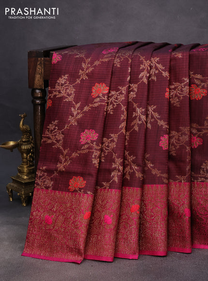 Banarasi dupion silk saree brown and magenta pink with thread & zari woven floral borcade weaves and woven border