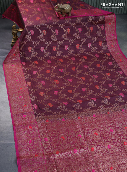 Banarasi dupion silk saree brown and magenta pink with thread & zari woven floral borcade weaves and woven border