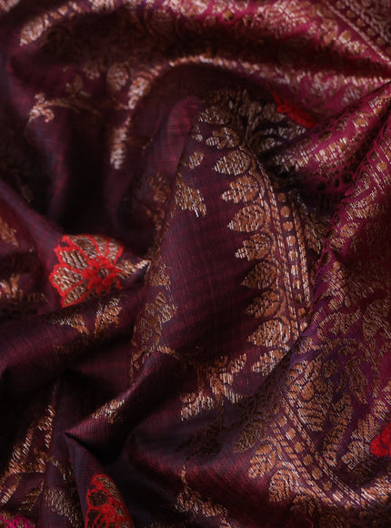 Banarasi dupion silk saree brown and magenta pink with thread & zari woven floral borcade weaves and woven border