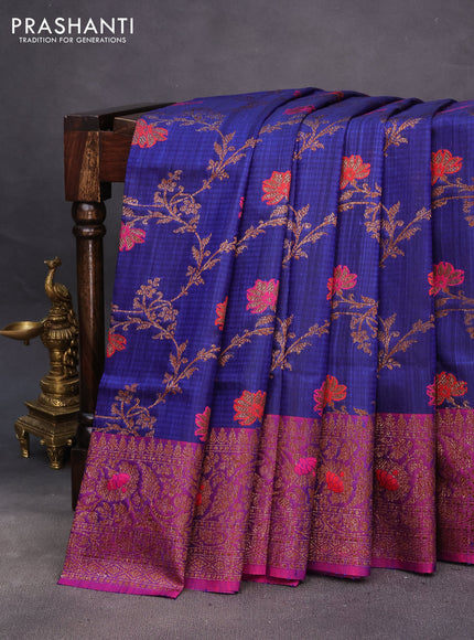 Banarasi dupion silk saree blue and magenta pink with thread & zari woven floral borcade weaves and woven border