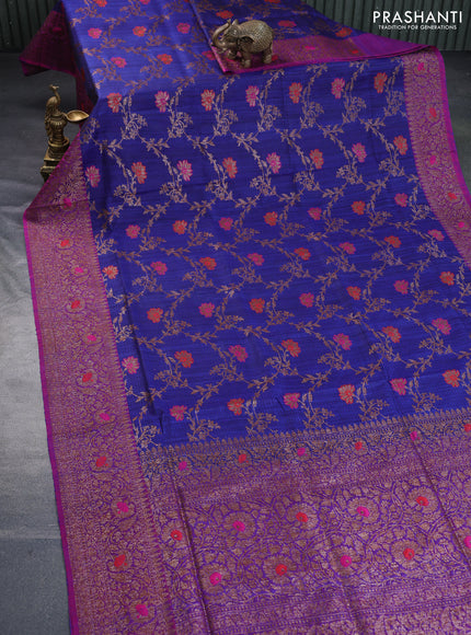 Banarasi dupion silk saree blue and magenta pink with thread & zari woven floral borcade weaves and woven border