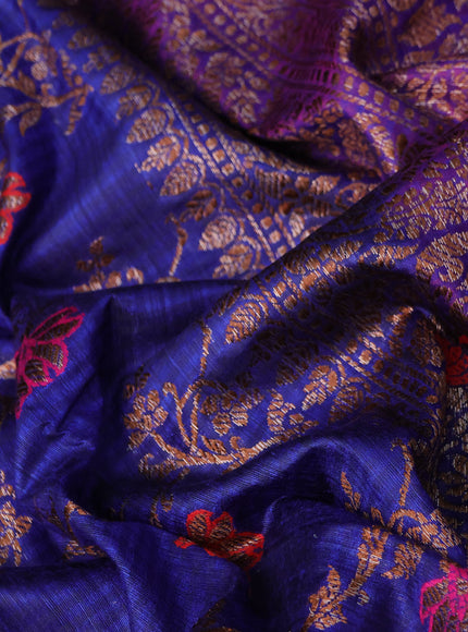 Banarasi dupion silk saree blue and magenta pink with thread & zari woven floral borcade weaves and woven border