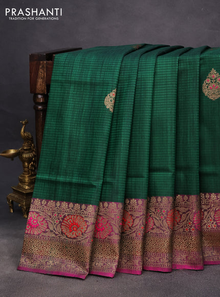 Banarasi dupion silk saree green and magenta pink with thread & zari woven buttas and woven border