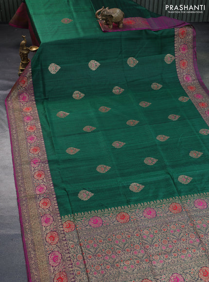 Banarasi dupion silk saree green and magenta pink with thread & zari woven buttas and woven border