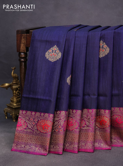 Banarasi dupion silk saree navy blue and magenta pink with thread & zari woven buttas and woven border