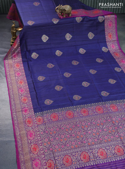 Banarasi dupion silk saree navy blue and magenta pink with thread & zari woven buttas and woven border