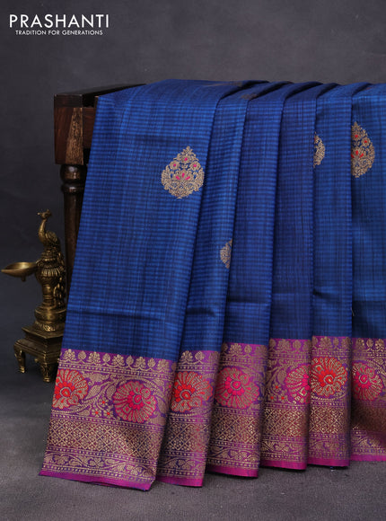 Banarasi dupion silk saree peacock blue and dual shade of bluish pink with thread & zari woven buttas and woven border