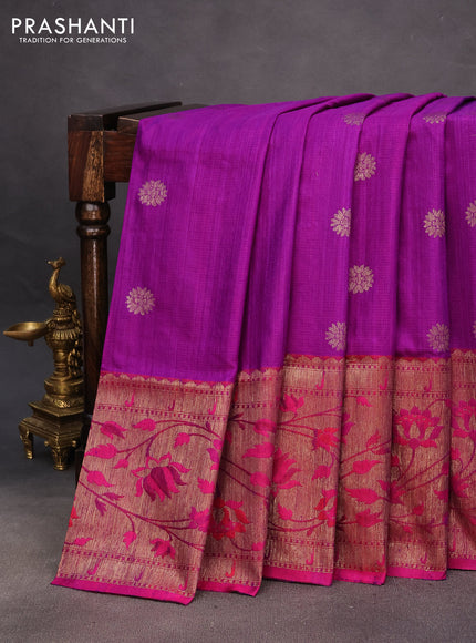 Banarasi dupion silk saree violet and magenta pink with zari woven floral buttas and floral design paithani style border