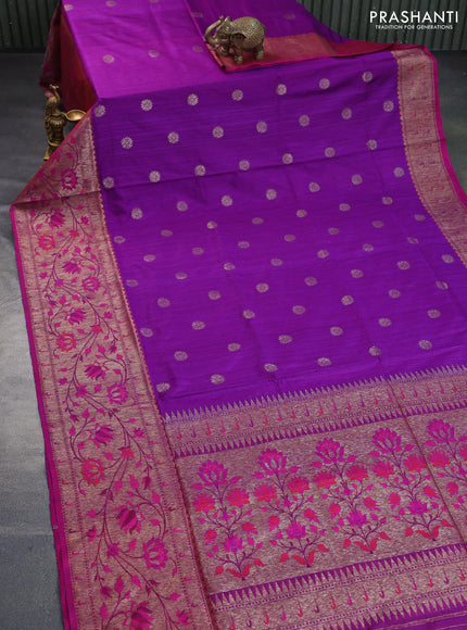 Banarasi dupion silk saree violet and magenta pink with zari woven floral buttas and floral design paithani style border