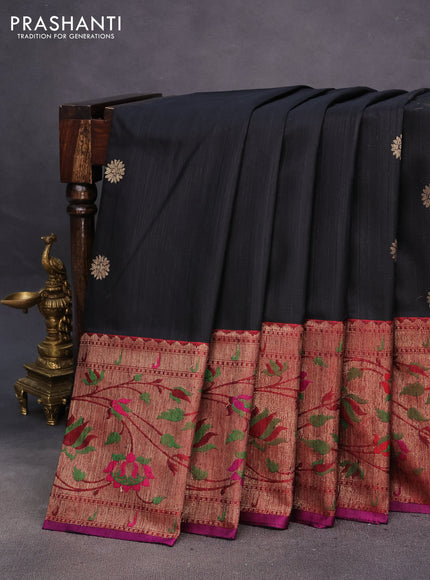 Banarasi dupion silk saree black and purple with zari woven floral buttas and floral design paithani style border