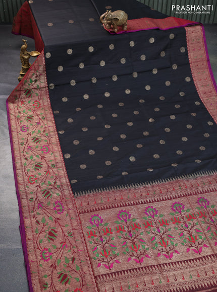 Banarasi dupion silk saree black and purple with zari woven floral buttas and floral design paithani style border