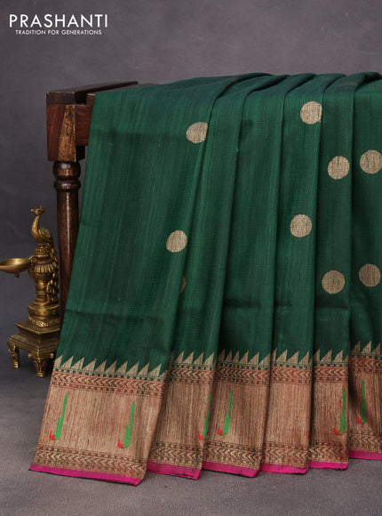 Banarasi dupion silk saree dark green and magenta pink with zari woven buttas and floral design paithani style border