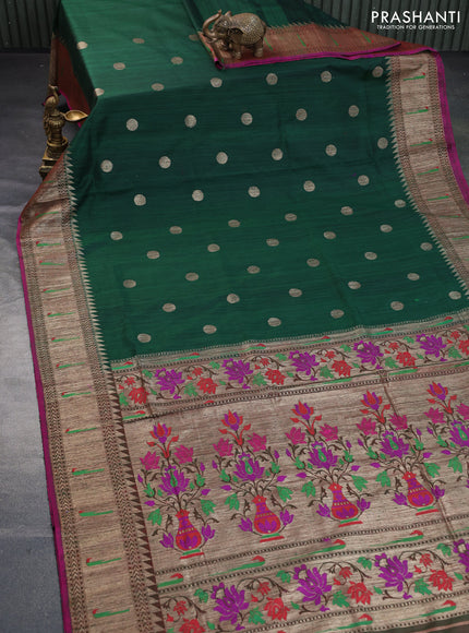 Banarasi dupion silk saree dark green and magenta pink with zari woven buttas and floral design paithani style border