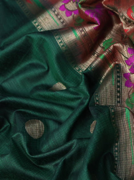 Banarasi dupion silk saree dark green and magenta pink with zari woven buttas and floral design paithani style border