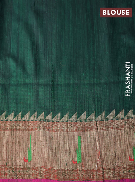 Banarasi dupion silk saree dark green and magenta pink with zari woven buttas and floral design paithani style border