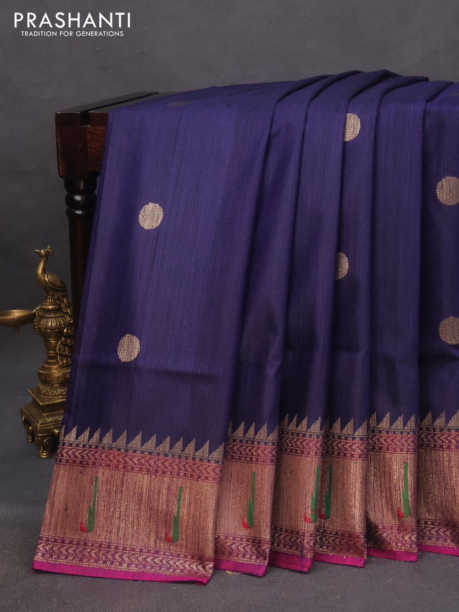 Banarasi dupion silk saree navy blue and magenta pink with zari woven buttas and floral design paithani style border