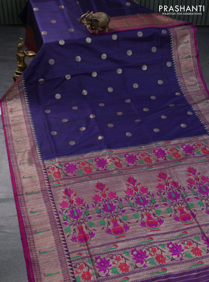 Banarasi dupion silk saree navy blue and magenta pink with zari woven buttas and floral design paithani style border