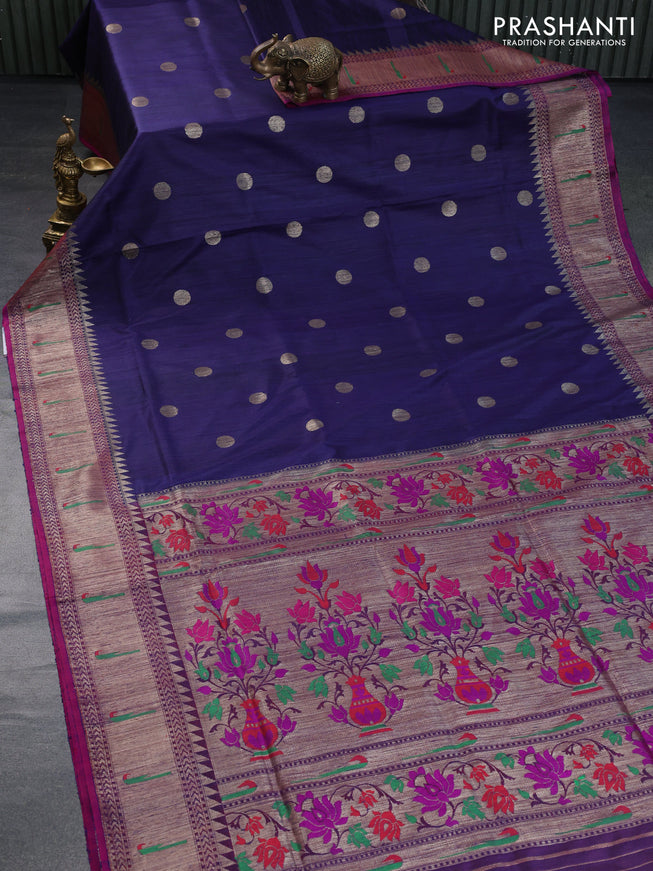 Banarasi dupion silk saree navy blue and magenta pink with zari woven buttas and floral design paithani style border