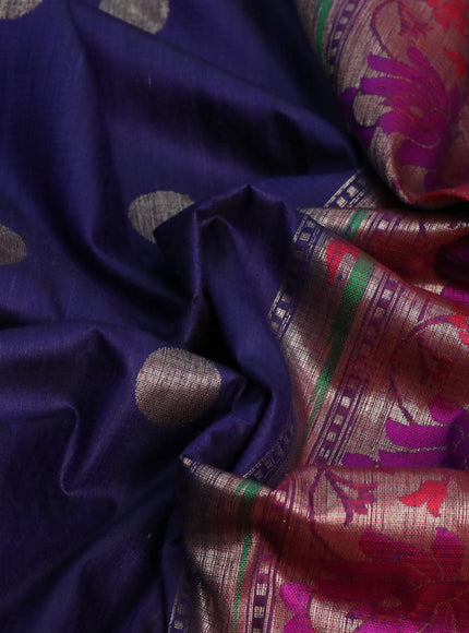 Banarasi dupion silk saree navy blue and magenta pink with zari woven buttas and floral design paithani style border