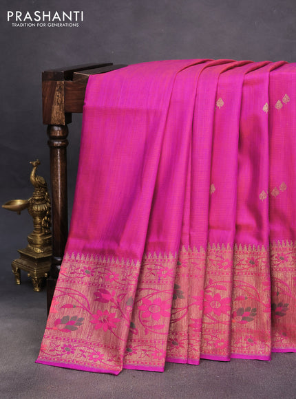 Banarasi dupion silk saree magenta pink with zari woven buttas and floral design paithani style border