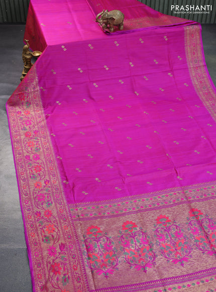 Banarasi dupion silk saree magenta pink with zari woven buttas and floral design paithani style border