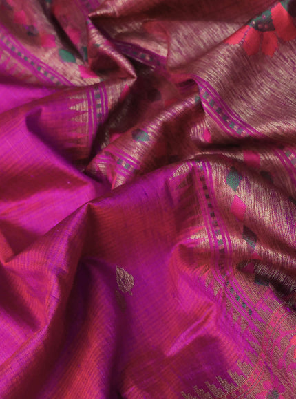 Banarasi dupion silk saree magenta pink with zari woven buttas and floral design paithani style border