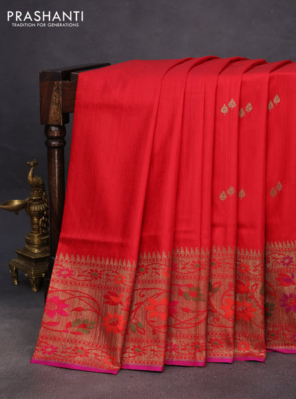 Banarasi dupion silk saree red and pink with zari woven buttas and floral design paithani style border