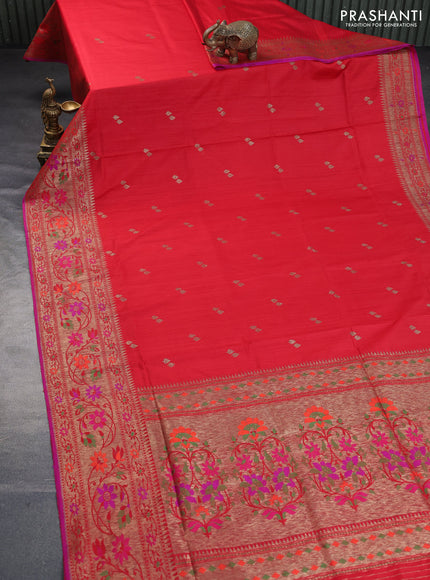 Banarasi dupion silk saree red and pink with zari woven buttas and floral design paithani style border