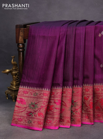 Banarasi dupion silk saree deep purple and pink with silver & gold zari woven buttas and floral design paithani style border