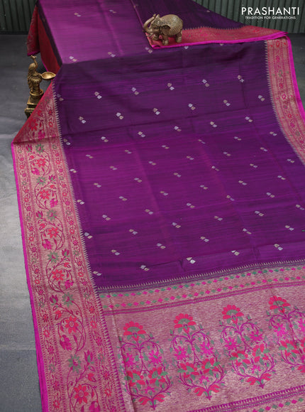 Banarasi dupion silk saree deep purple and pink with silver & gold zari woven buttas and floral design paithani style border