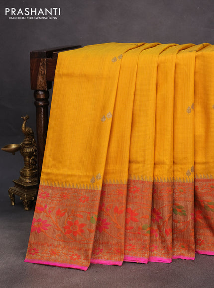 Banarasi dupion silk saree mustard yellow and pink with zari woven buttas and floral design paithani style border